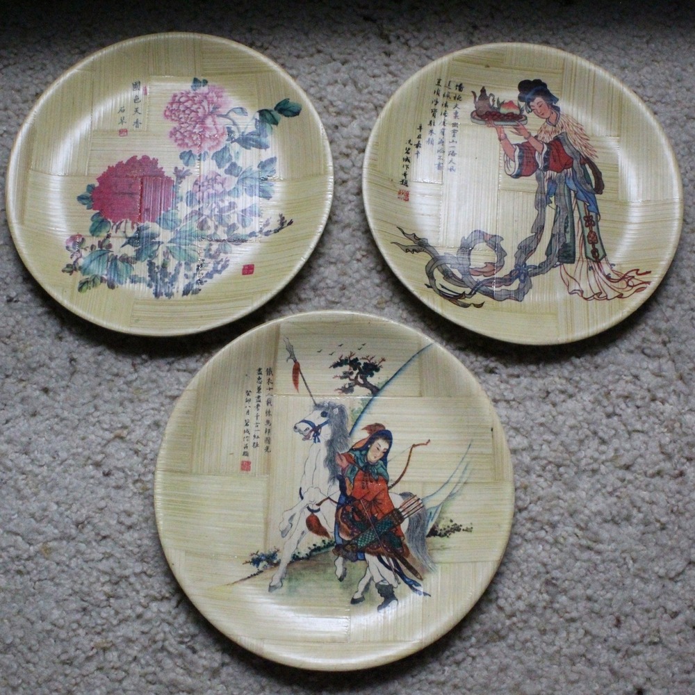 Vintage Bamboo Plate Specialist Set of 3 Mulan Floral 6in Tan Chinoiserie Boho